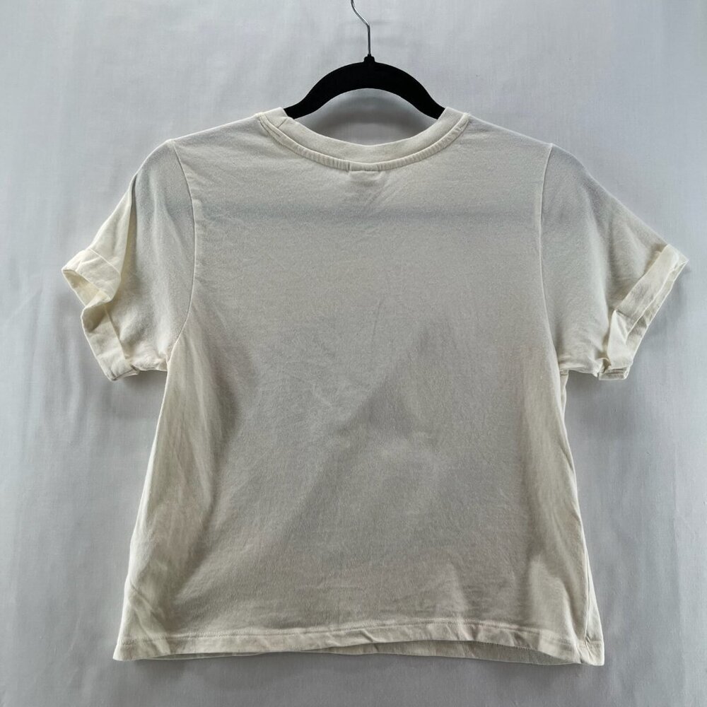Darling Blue Cropped Shirt Womens XS Crew Neck Cuffed Go Wild West Graphic Cream - Picture 2 of 9